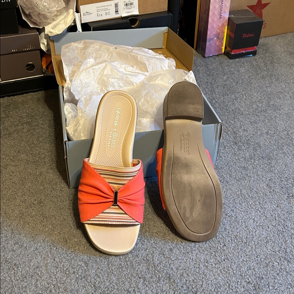 Life Stride Women's tangerine and Beige Slide Sandals - Picture 2 of 3